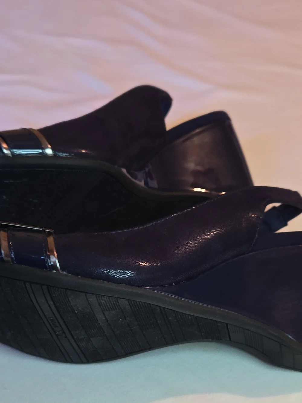 Anne Klein Blue Wedge Slingback Sandals with Gold Accent